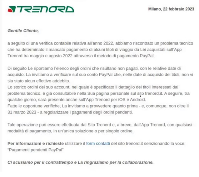 Lettera Trenord